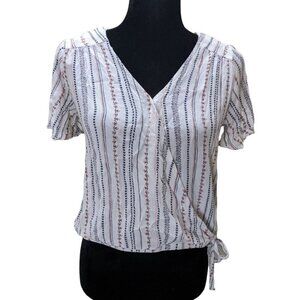 Pink Republic Juniors Top Size M Cream Floral Striped Surplice Faux Wrap Crepe